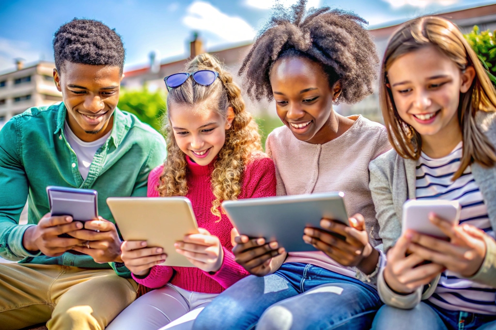 A group of young adults looking into tables in sunny weather, with some city building in the foreground