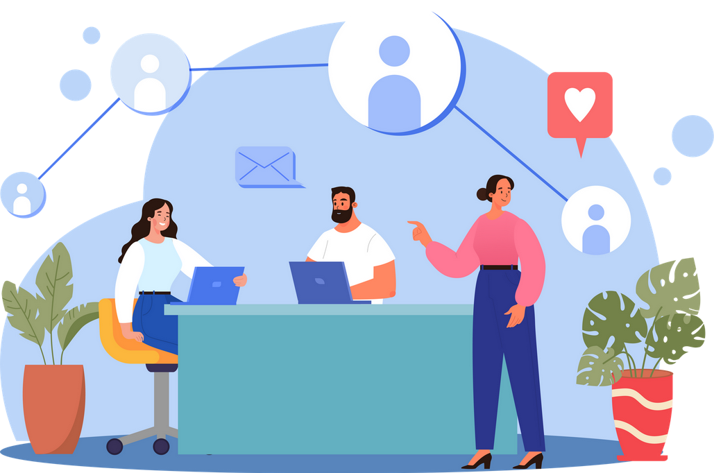 Graphic illustration of 3 young persons in the office, emailing and communicating