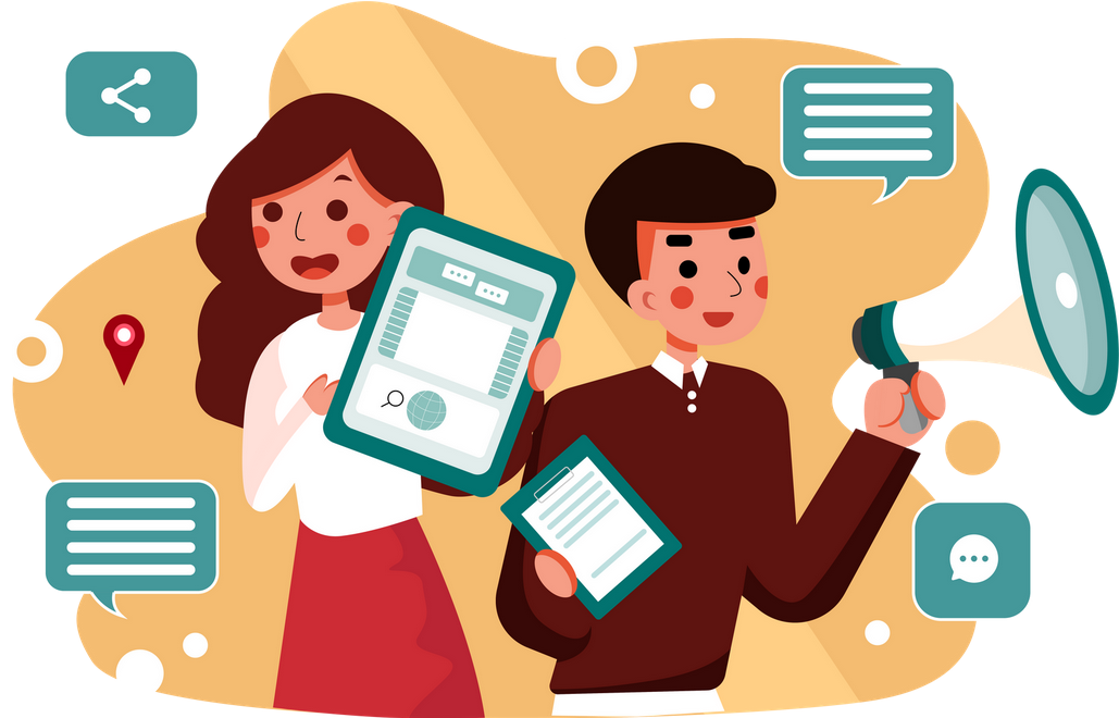 Graphic illustration with two young people calling for action and collecting data or feedback