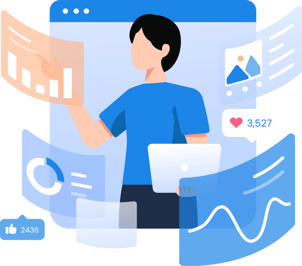 Graphic illustration with young person browsing digitally through graphs and statistics