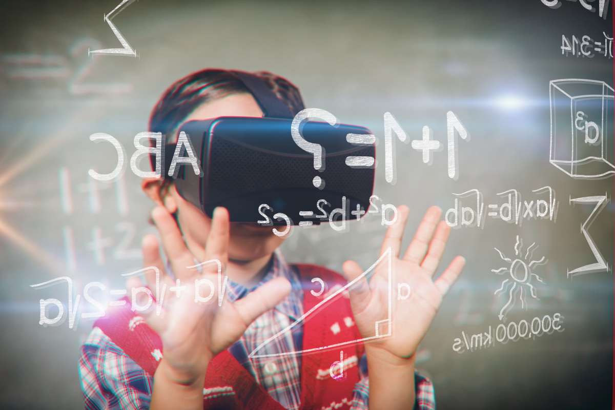 A child with VR set in front of a glass with mathematics.